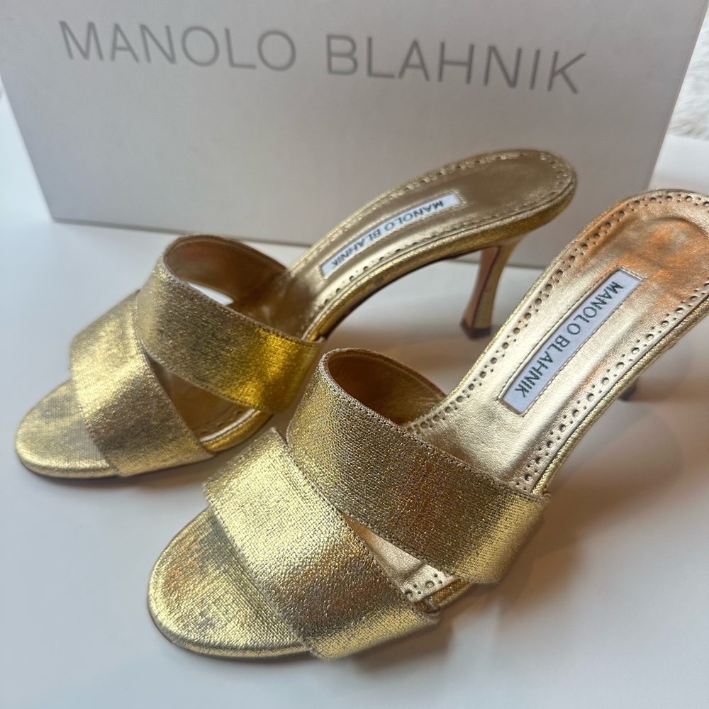 Manolo Blahnik Metallic Gold Mule Sandals Size 37